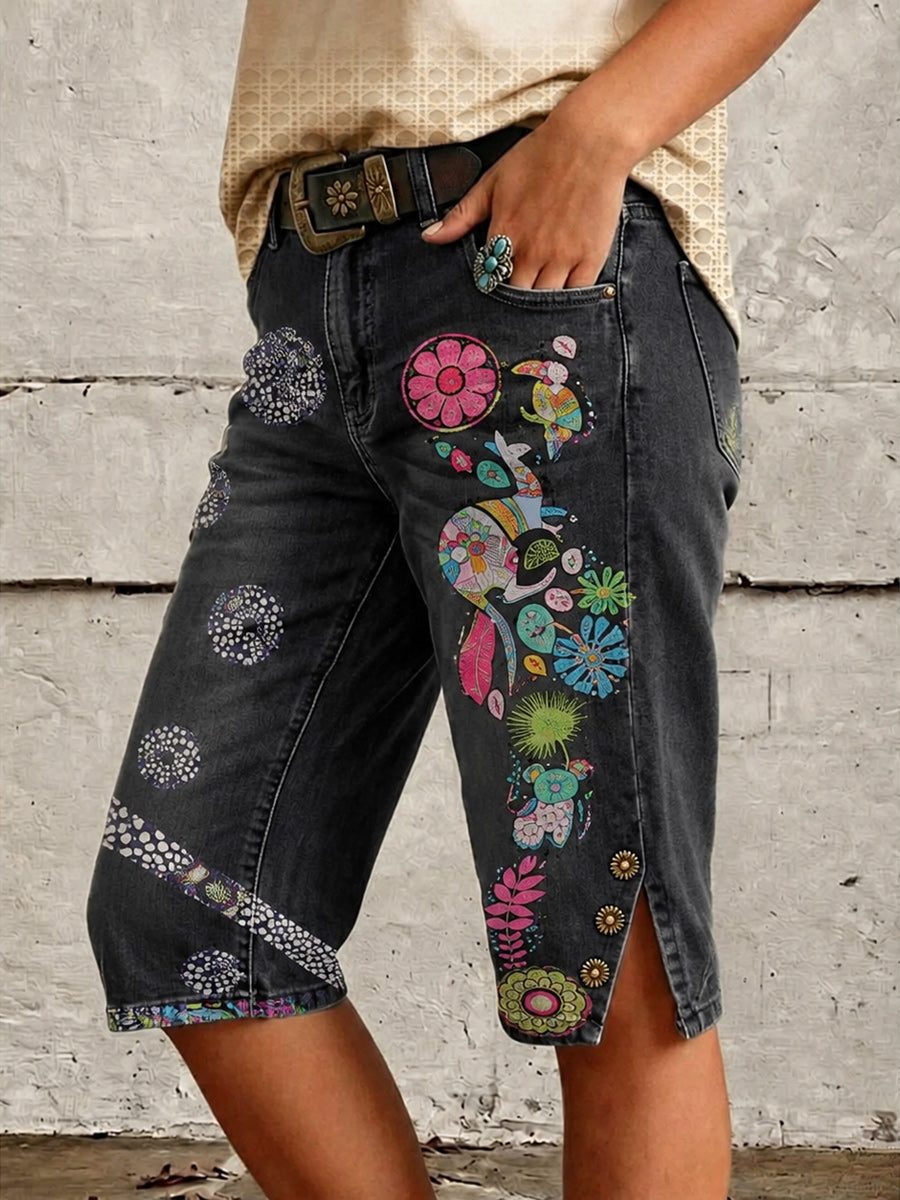 Retro Style Floral Art Print Vintage Casual Denim Shorts